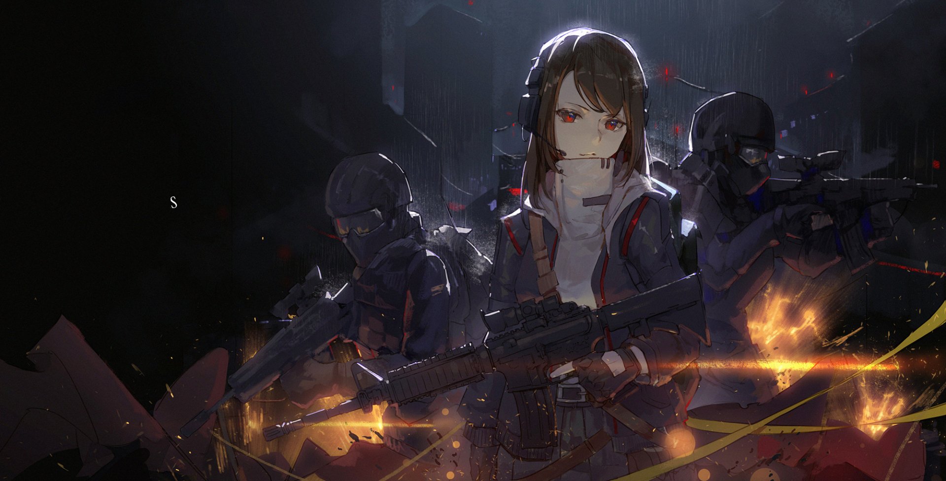HD desktop wallpaper featuring an original anime character wielding a rifle, flanked by heavily armed soldiers in a dark, atmospheric setting with dynamic lighting.