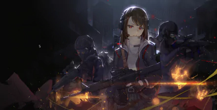 HD desktop wallpaper featuring an original anime character wielding a rifle, flanked by heavily armed soldiers in a dark, atmospheric setting with dynamic lighting.