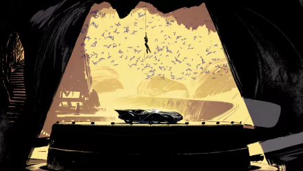 A comic-inspired HD wallpaper of the Batcave from DC Comics featuring a sleek Batmobile and Catwoman descending from above while bats fly in the background.
