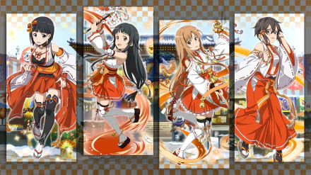 HD PC desktop wallpaper featuring Asuna Yuuki as a priestess from Sword Art Online II, in vibrant anime style inspired by Sword Art Online: Memory Defrag.