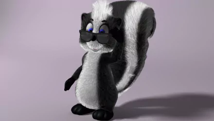 3D CGI cartoon skunk with blue eyes and sunglasses on a purple background, designed as a HD PC desktop wallpaper and background.