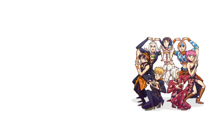 HD anime desktop wallpaper featuring the main characters from Jojo's Bizarre Adventure in dynamic poses against a white background.