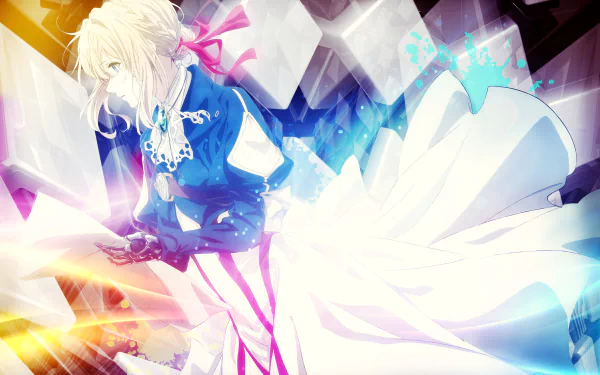 HD desktop wallpaper of Violet Evergarden, the anime character, in an elegant pose with a vibrant and colorful background.