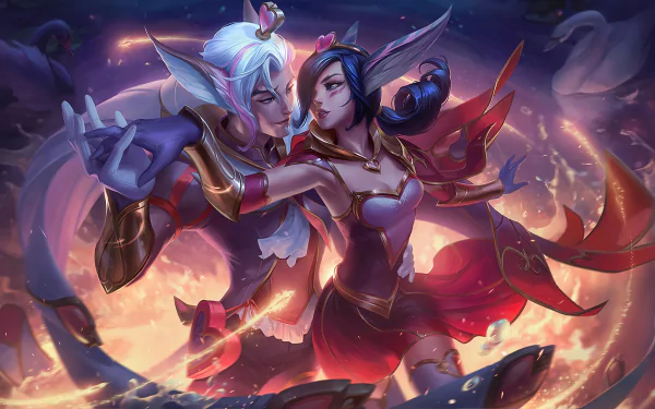 Xayah and Rakan from League of Legends dance together in a vibrant setting, showcasing their dynamic relationship. This HD image serves as an engaging wallpaper for fans of the game.
