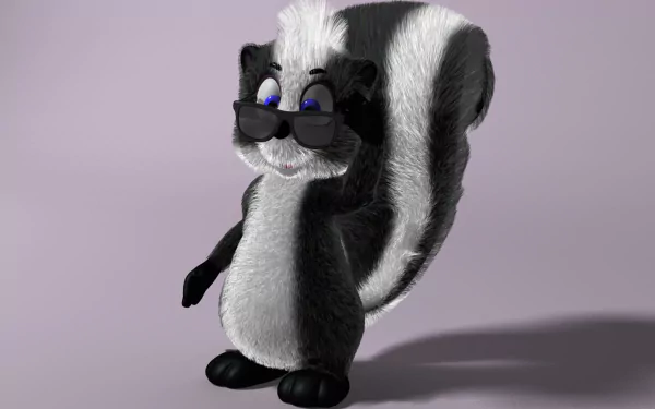 3D CGI cartoon skunk with blue eyes and sunglasses on a purple background, designed as a HD PC desktop wallpaper and background.