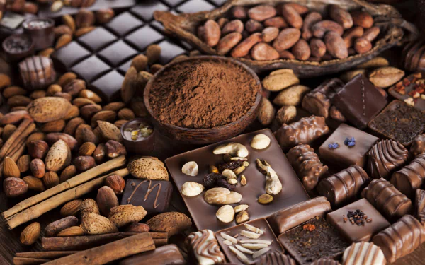 Close-up of assorted chocolate pieces, cocoa beans, cinnamon sticks, and cocoa powder, showcased in rich detail as a 4K Ultra HD desktop wallpaper of sweets and chocolate.