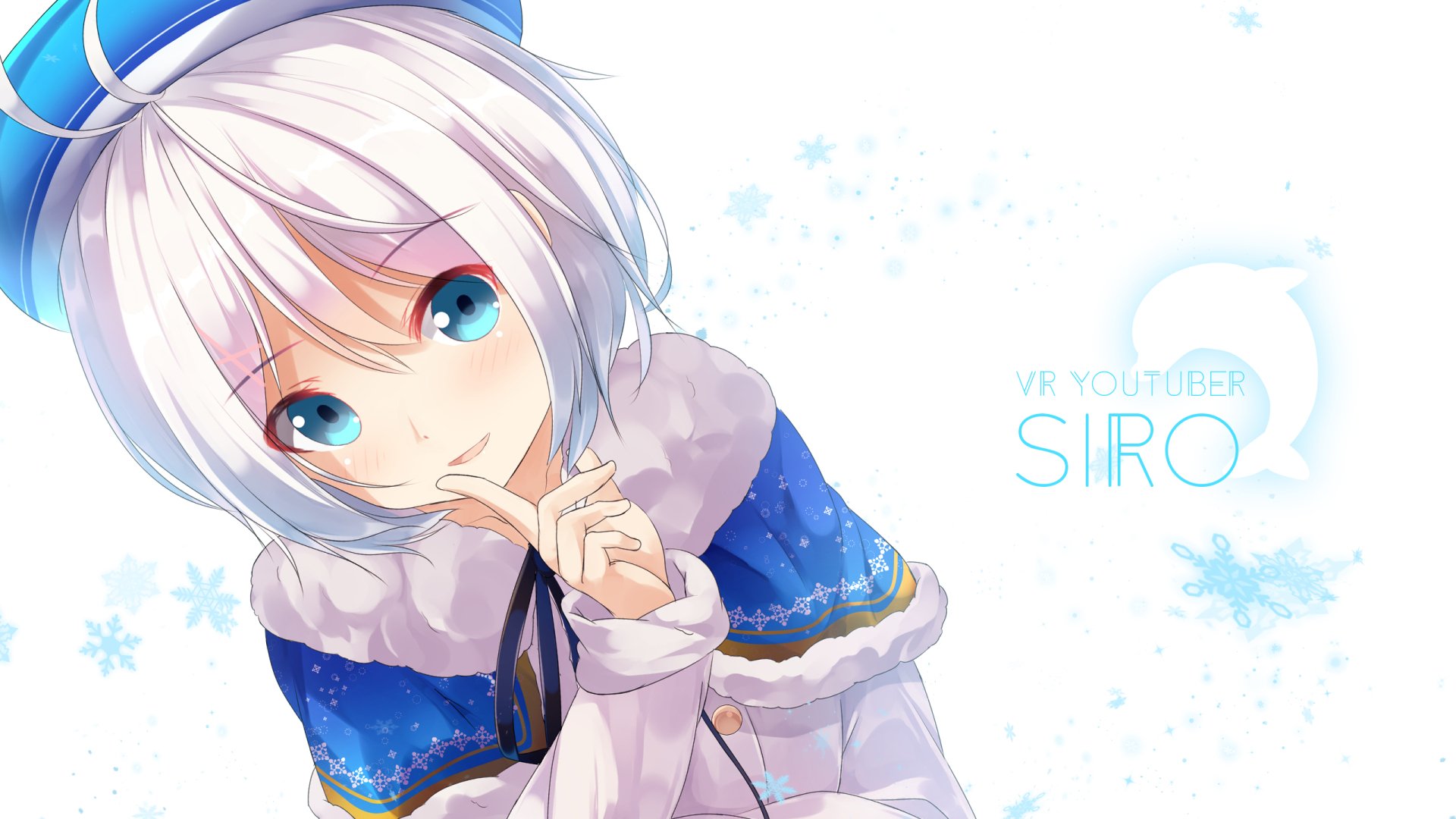 HD desktop wallpaper featuring an anime-style Virtual YouTuber with white hair and blue eyes, dressed in a blue and white winter-themed outfit.