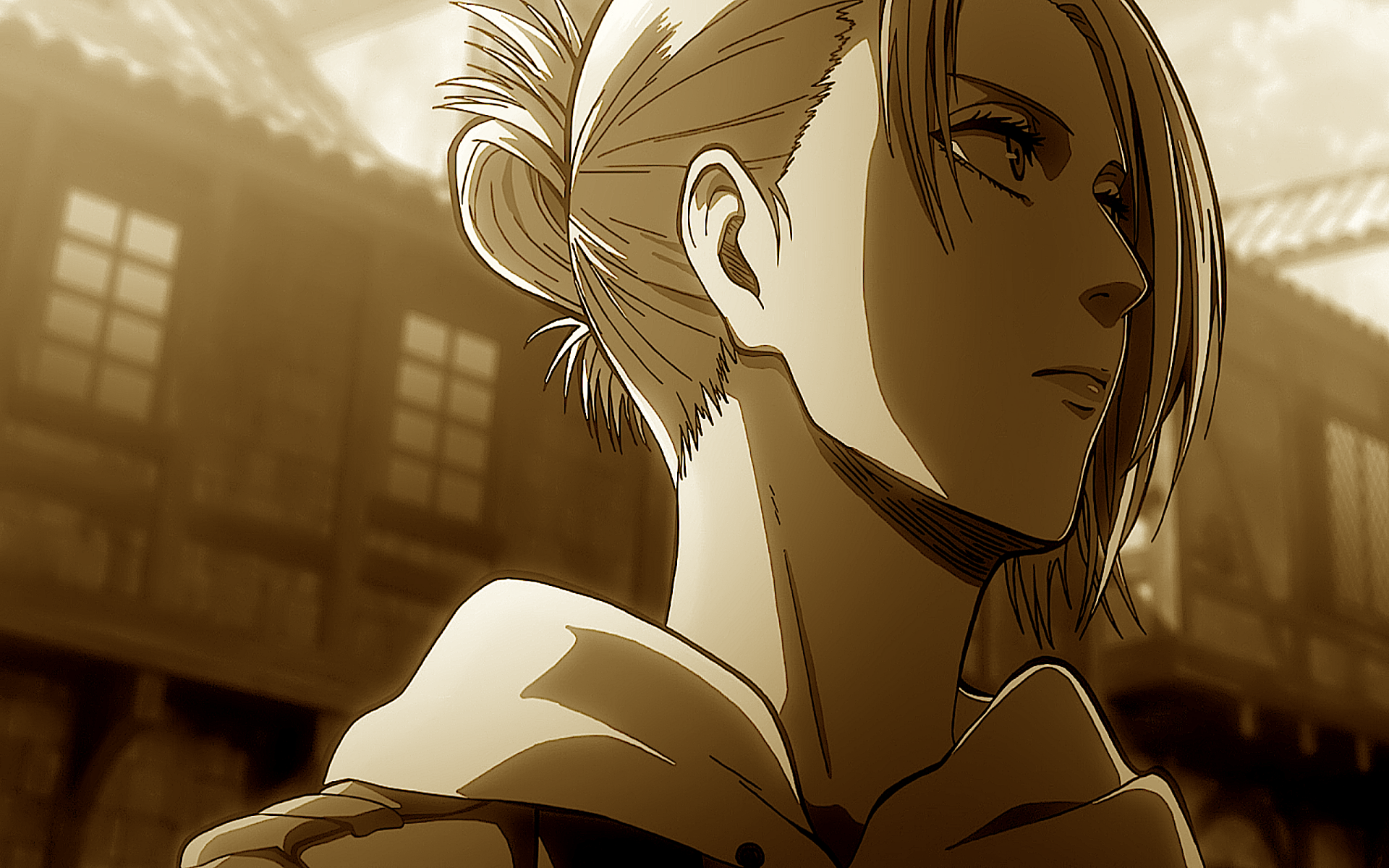 Sepia-toned HD wallpaper featuring Annie Leonhart from Attack on Titan. Annie stands against a backdrop of buildings, looking serious and determined.