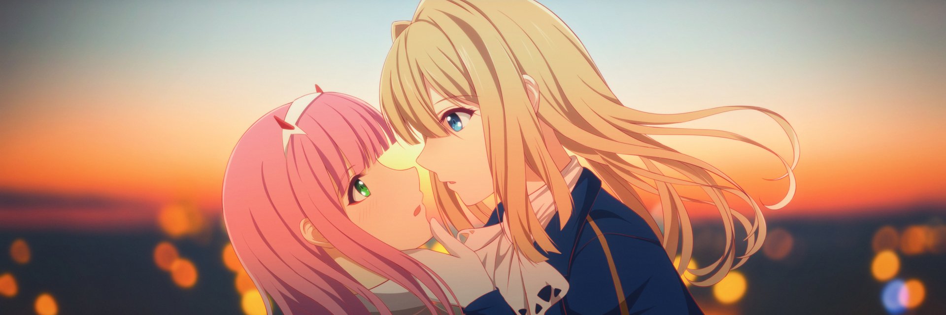 Vibrant HD desktop wallpaper featuring Zero Two from Darling in the FranXX and Violet Evergarden in an intense moment. The anime crossover background beautifully captures their expressions at sunset.