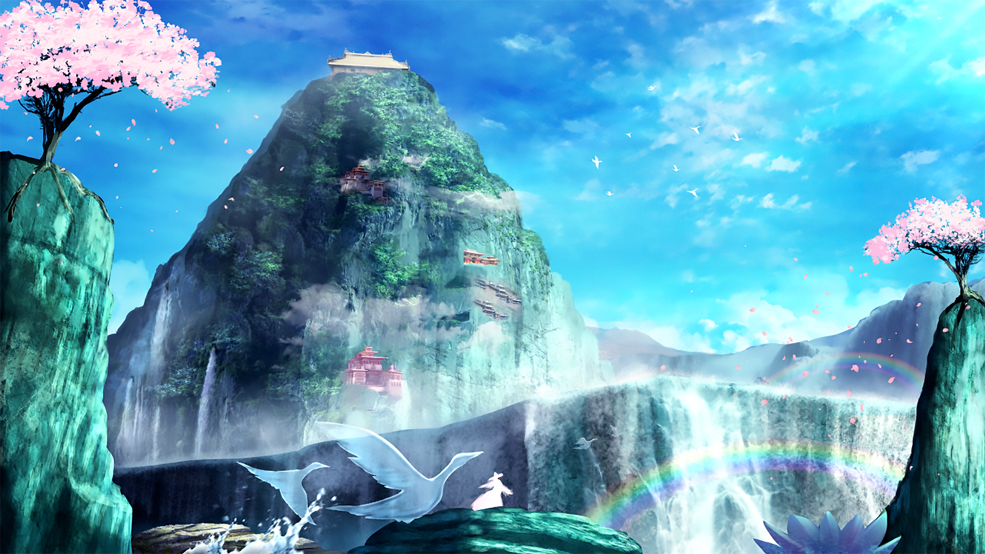 HD anime original desktop wallpaper featuring a majestic mountain with traditional buildings, cherry blossoms, flying cranes, and a vibrant rainbow under a bright blue sky.