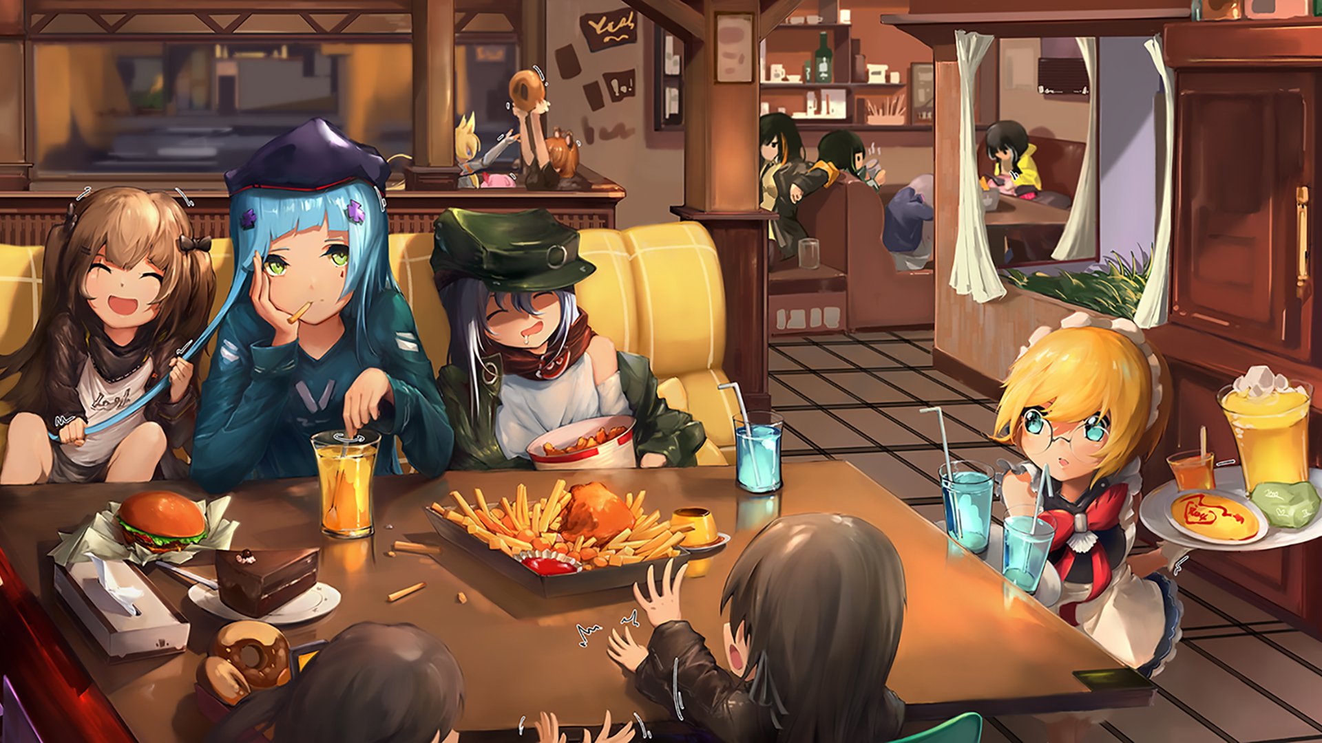 HD desktop wallpaper featuring characters G36C, G11, HK416, UMP9, and UMP45 from the video game Girls' Frontline, enjoying a meal together in a cozy restaurant setting.