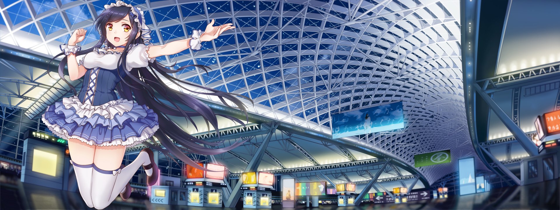 HD anime original desktop wallpaper featuring a dynamic female character with long flowing hair against a futuristic geometric architectural background.