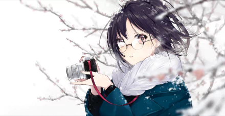 HD anime wallpaper depicting an original character with glasses and a camera, standing in a snowy scene with bare branches in the background.
