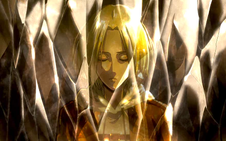 HD desktop wallpaper of Annie Leonhart from Attack on Titan, captured in a moment of sadness, enclosed in crystal. The anime-style artwork exudes a reflective, melancholic ambiance.