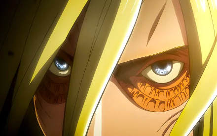 HD wallpaper of Annie Leonhart in her Female Titan form from Attack on Titan anime, with intense, focused eyes and blonde hair covering part of her face.