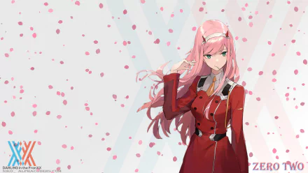 HD desktop wallpaper featuring Zero Two from the anime Darling in the FranXX. She stands confidently against a backdrop of pink confetti-like dots, with Zero Two and the anime logo visible.