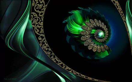 Abstract green and gold jewelry design with intricate patterns, featured as an HD PC desktop wallpaper and background.