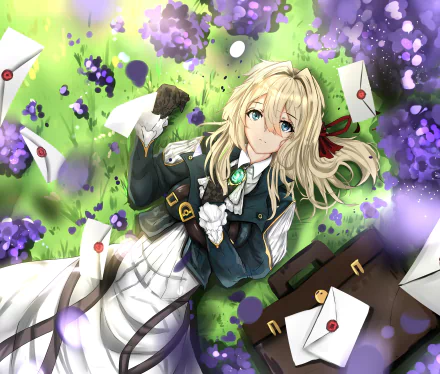 HD desktop wallpaper featuring Violet Evergarden, an anime character, lying on grass surrounded by letters and violet flowers.