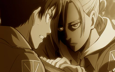 Sepia-toned HD desktop wallpaper featuring Eren Yeager and Annie Leonhart from the anime Attack on Titan, engaged in an intense confrontation.