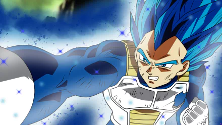 HD desktop wallpaper of Vegeta from Dragon Ball Super, showcasing him in a dynamic action pose with his iconic Saiyan armor and blue hair amidst a vibrant, cosmic background.