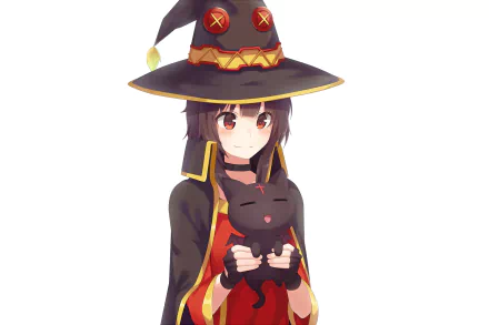 A detailed HD desktop wallpaper featuring Megumin from KonoSuba - God’s Blessing on This Wonderful World!!, holding a black cat and wearing her iconic witch hat.