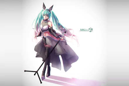 4K Ultra HD anime wallpaper featuring Hatsune Miku, the iconic Vocaloid, standing with a microphone stand against a soft white background.