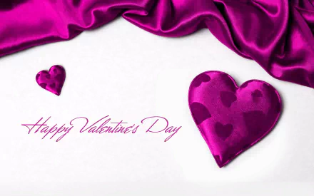 Purple satin hearts and draped satin on white with Happy Valentine's Day script — HD PC desktop wallpaper celebrating the Valentine’s Day holiday.