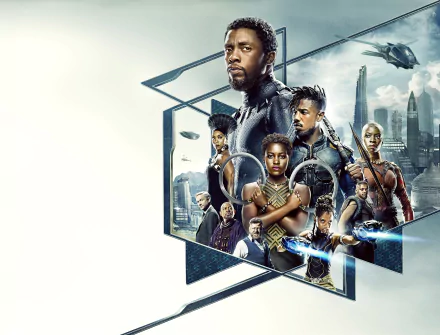 HD desktop wallpaper depicting characters from the movie Black Panther. The image includes various main characters against a futuristic cityscape background.