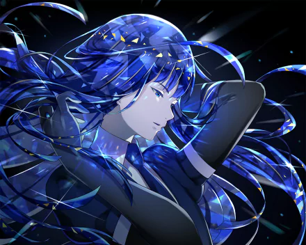 HD desktop wallpaper featuring Lapis Lazuli from the anime Land of the Lustrous. The character is beautifully illustrated with flowing blue hair and light reflections, creating a mesmerizing visual effect.