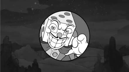 HD PC desktop wallpaper featuring King Dice from the video game Cuphead, showcasing the character’s distinctive smiling face in black and white.