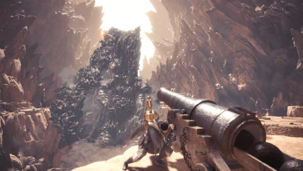 HD desktop wallpaper and background from the video game Monster Hunter: World, depicting a player character with a cannon facing a massive monster in a rocky, sunlit canyon.