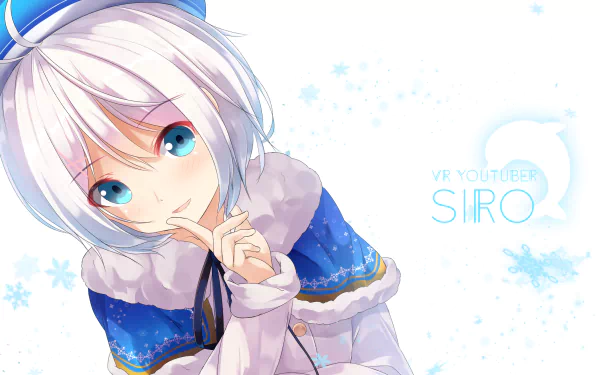 HD desktop wallpaper featuring an anime-style Virtual YouTuber with white hair and blue eyes, dressed in a blue and white winter-themed outfit.