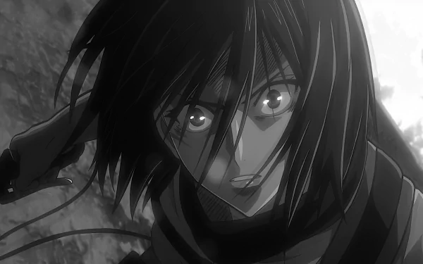 Black and white HD desktop wallpaper of Mikasa Ackerman from Attack on Titan, featuring an intense close-up shot of her determined expression.
