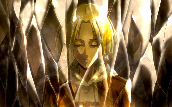 HD desktop wallpaper of Annie Leonhart from Attack on Titan, captured in a moment of sadness, enclosed in crystal. The anime-style artwork exudes a reflective, melancholic ambiance.