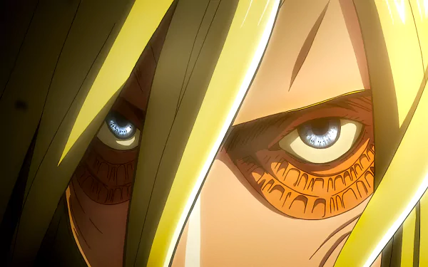 HD wallpaper of Annie Leonhart in her Female Titan form from Attack on Titan anime, with intense, focused eyes and blonde hair covering part of her face.