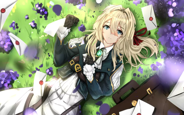 HD desktop wallpaper featuring Violet Evergarden, an anime character, lying on grass surrounded by letters and violet flowers.