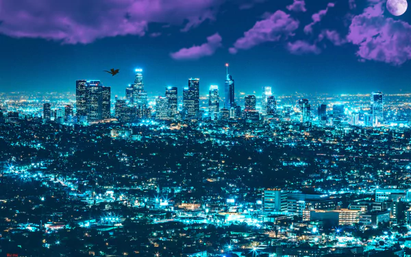 A 4K Ultra HD night view of Los Angeles with bright city lights, a glowing full moon, clouds, and a dragon silhouette flying in the sky.