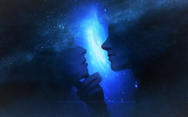 Artistic HD wallpaper of a couple's profiles against a dreamy, blue background, evoking love and connection.