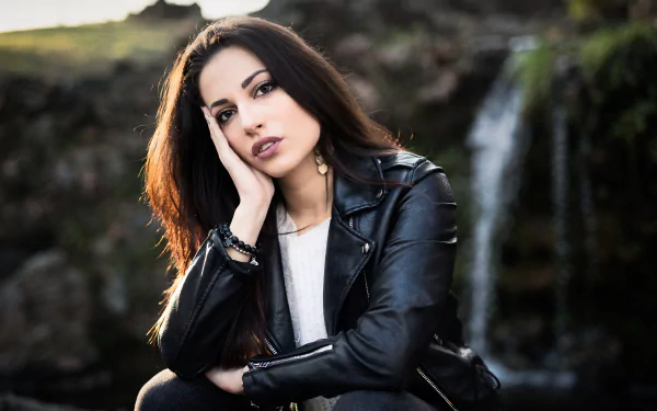 leather jacket depth of field brown eyes brunette woman model HD Desktop Wallpaper | Background Image