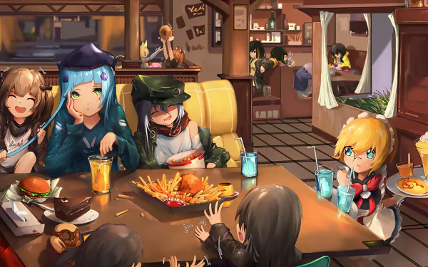HD desktop wallpaper featuring characters G36C, G11, HK416, UMP9, and UMP45 from the video game Girls' Frontline, enjoying a meal together in a cozy restaurant setting.