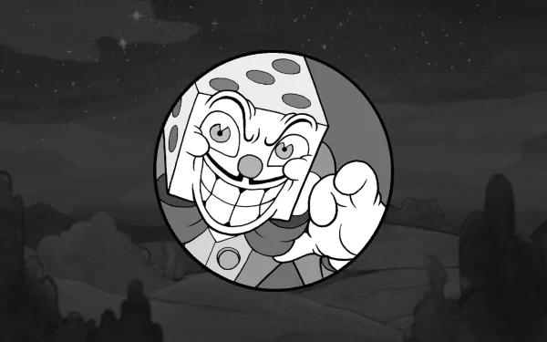 HD PC desktop wallpaper featuring King Dice from the video game Cuphead, showcasing the character’s distinctive smiling face in black and white.