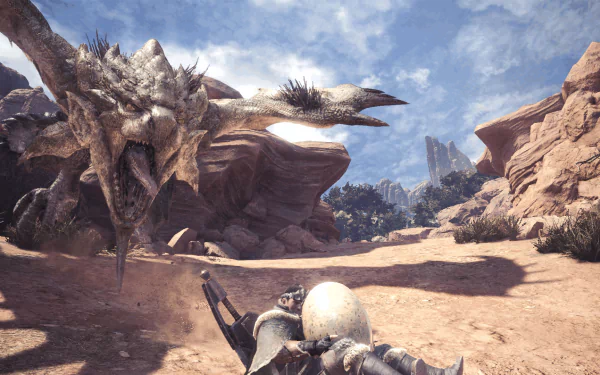 Rathian from Monster Hunter: World prepares to attack as a hunter cradles an egg in a rugged desert landscape. This HD desktop wallpaper captures the intense moment in vivid detail.