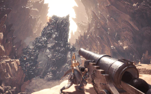 HD desktop wallpaper and background from the video game Monster Hunter: World, depicting a player character with a cannon facing a massive monster in a rocky, sunlit canyon.