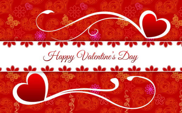 Bright red HD desktop wallpaper featuring hearts, floral patterns, and a Happy Valentine's Day message celebrating the holiday with a festive romantic theme.