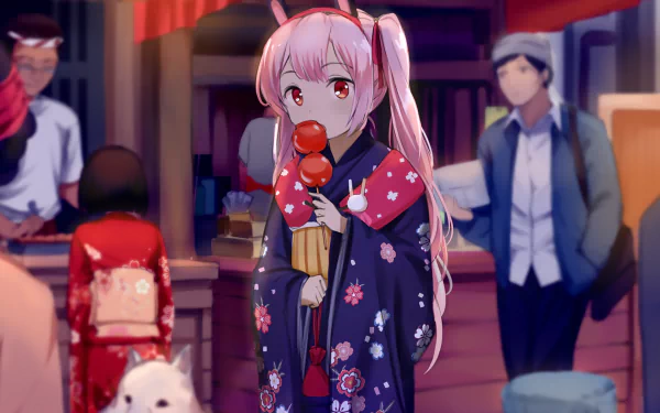 Anime character Laffey from Azur Lane with pink hair and red eyes, stands in a traditional Japanese setting, holding a dango. Perfect HD desktop wallpaper and background.