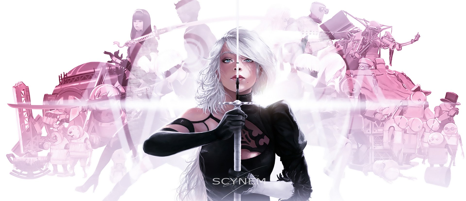 A striking HD wallpaper featuring YoRHa Type A No.2 and YoRHa No.2 Type B from the video game NieR: Automata, showcasing dynamic art and an engaging composition.