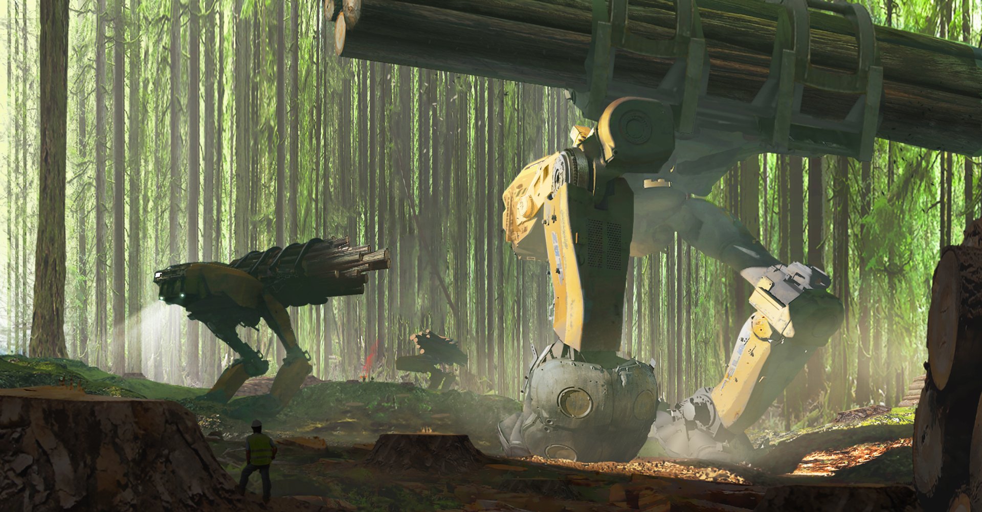 Download Log Forest Futuristic Sci Fi Robot HD Wallpaper by Robin Boer