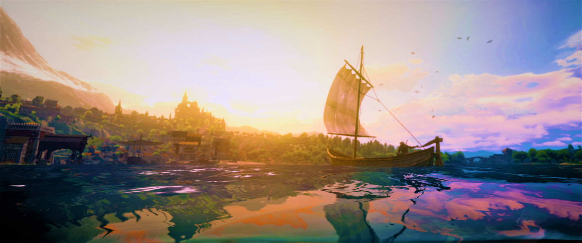 HD fantasy desktop wallpaper from The Witcher 3: Wild Hunt - Blood and Wine, featuring a sailboat on reflective water with a glowing sunset and distant cityscape.