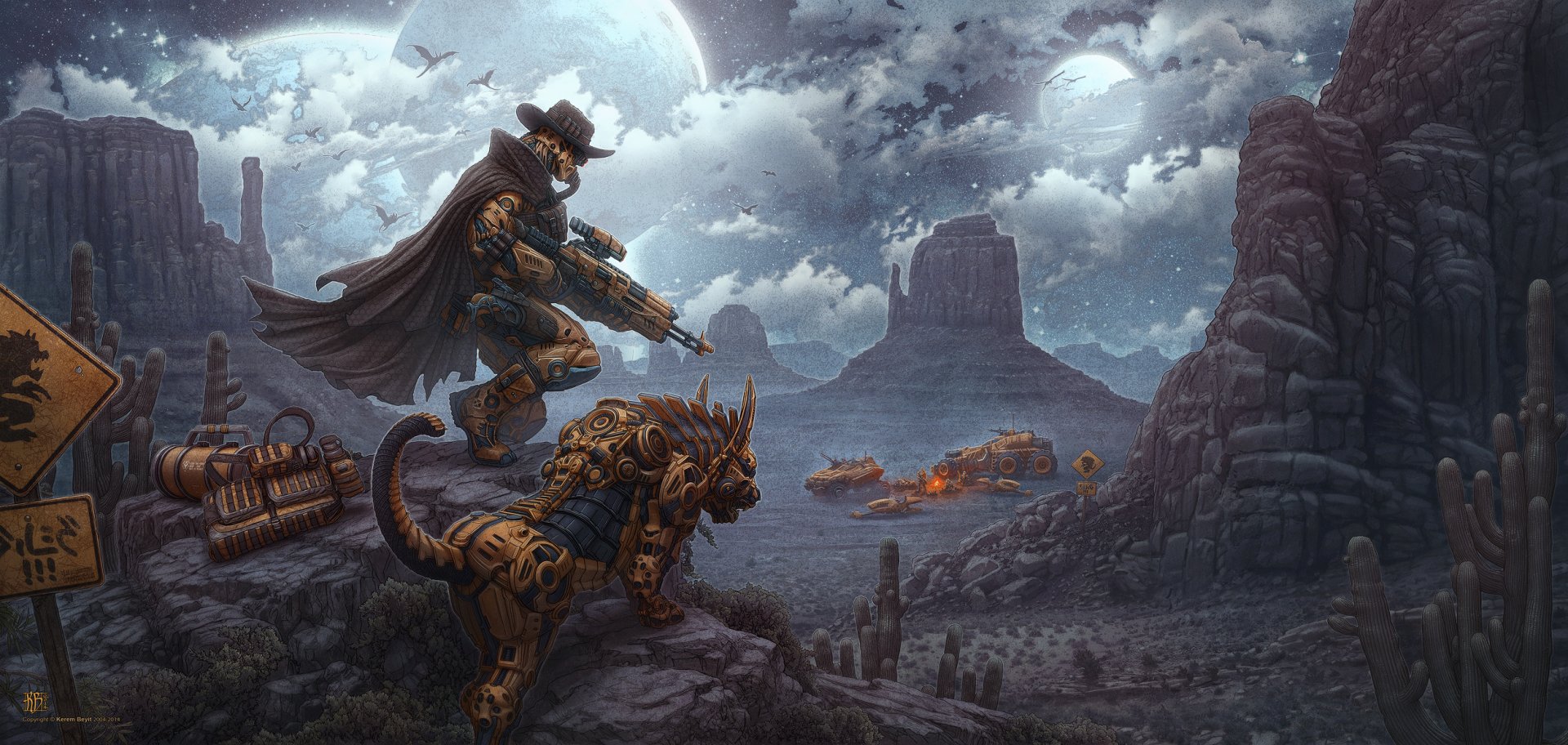 A steampunk robot cowboy bounty hunter stands on a rocky cliff under the moonlit night sky, with mechanical animals and futuristic elements in the background. HD desktop wallpaper and background.
