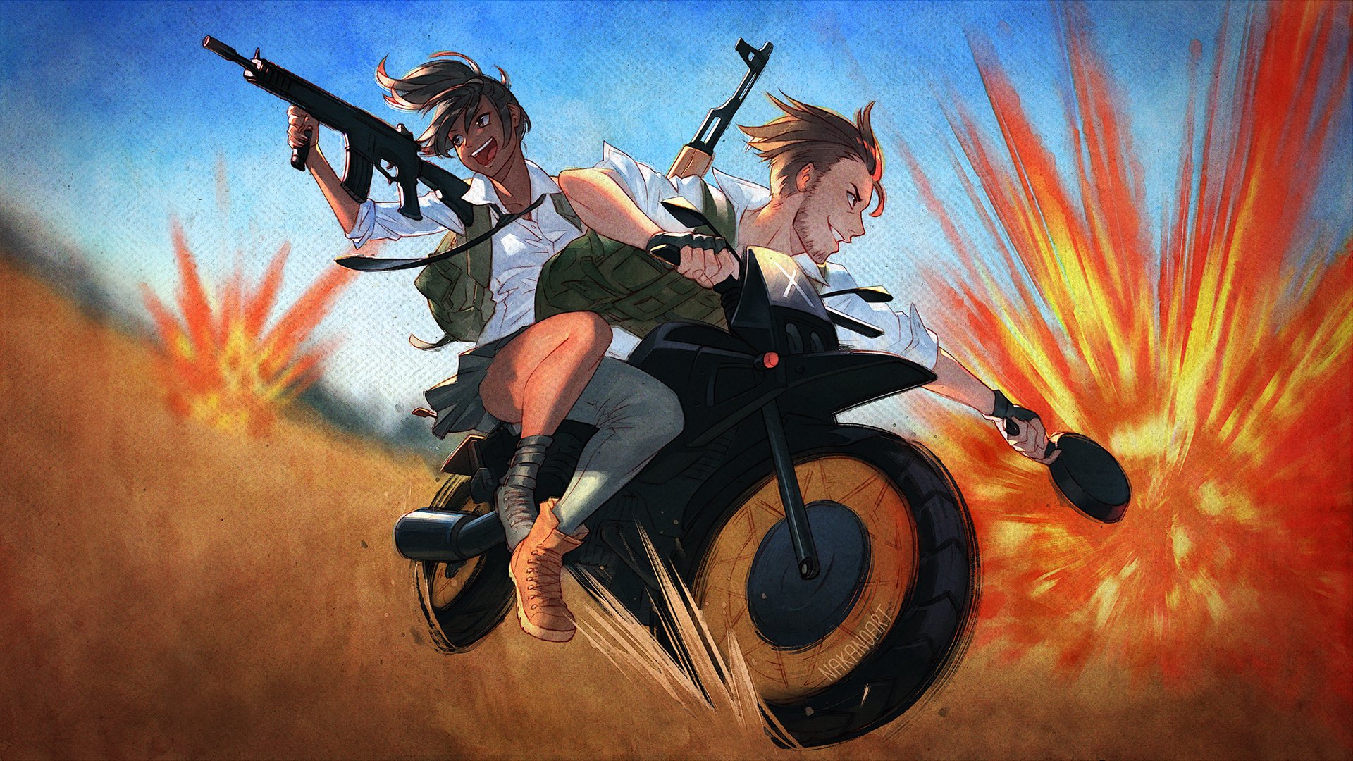 HD PC desktop wallpaper featuring dynamic characters armed with rifles riding a futuristic bike through explosions, inspired by the video game Playerunknown's Battlegrounds.